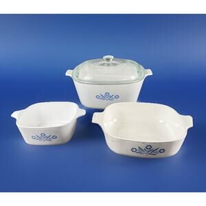 Corning Ware Blue Cornflower Casserole Dishes Set 3 w/lid 2.5, 3.5 qt, 22 Oz VTG